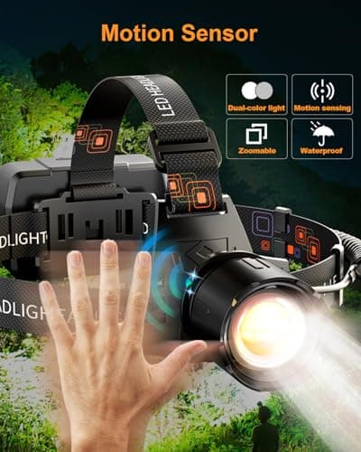 SKYFIRE Rechargeable Headlamp 3000 Lumens Motion Sensor, LED Super Bright Head lamp with 7500mAh Battery, Zoomable 13 Modes 90° Adjustable Waterproof Head Light for Running Cycling Camping Hiking - Thumbnail 6