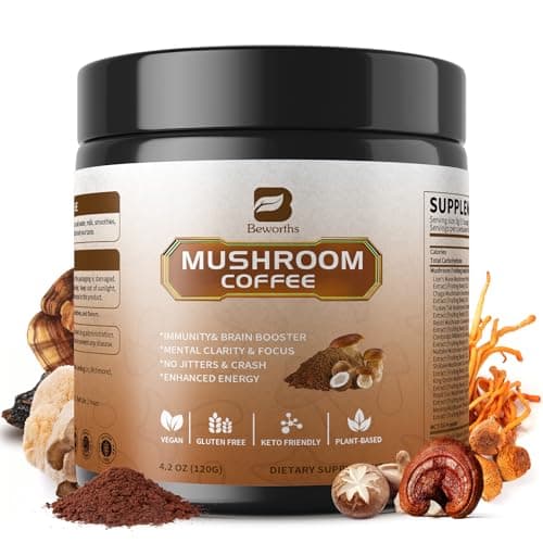 B BEWORTHS Mushroom Coffee Powder with MCT Oil - 10 Mushrooms Lion's Mane, Turkey Tail, Reishi, Cordyceps & Chaga - Arabica Instant Mushroom Coffee for Focus, Immune, Gut & Brain Health | Vegan, Keto - Image 1