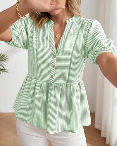 dowerme Womens Summer Tops 2026 Fashion Lantern Short Sleeve V Neck Button Peplum Shirts Spring Stripes Babydoll Blouses(Green,Small) - Thumbnail 6