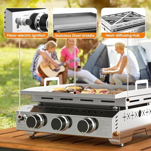 COWSAR 3-Burner Portable Tabletop Grill, 24000 BTU Stainless Steel Non-Stick Outdoor Portable Propane Griddle for Camping RV Backyard BBQ - Thumbnail 4