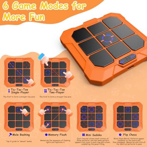 VDPDO Tic Tac Toe Game, 6-in-1 Electronic Tic Tac Toe with Mute & Rechargeable - Handheld Travel Board Game for Kids Ages 4+, Adults, Family - Educational Learning Toy for Boys Girls, Orange - Thumbnail 3