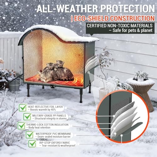 Heated Outdoor Cat House Weatherproof,Extra Large Insulated Heated Cat House for Multiple Cats Outside,Upgraded Feral Elevated Warm Cat Shelters for Winter with Heat Pad,Eaves&Escape Door Collaspable - Thumbnail 4