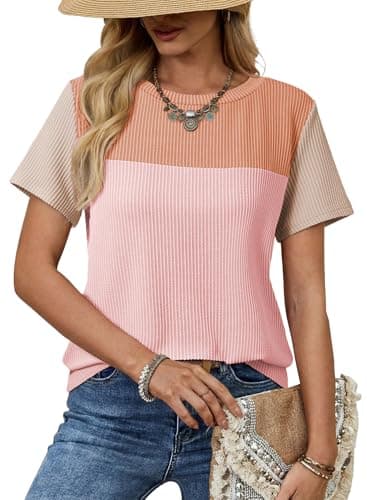 Dokotoo Womens Shirts Color Block Short Sleeve Tops for Women Cute Pullover Ladies Tees & Blouse Spring Summer Business Casual t Shirts Blouses for Women Fashion 2026 Pink Medium - Image 1