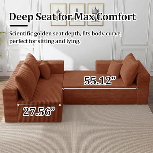 92.5" Modular Sectional Sofa, L-Shaped Cloud Couch with Deep Seats & Chaise, Convertible 4-in-1 Corduroy Boneless Couches for Living Room, Bedroom, No Need Assembly - Brown - Thumbnail 4
