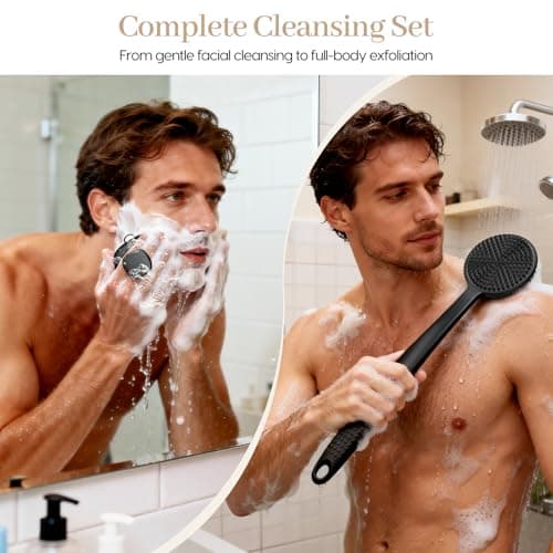 Back Scrubber for Shower & Face Scrubber, 2Pcs Silicone Exfoliating Brush Set with 17In Long Handle, Soft Body & Facial Cleansing Scrubber for Men Women - Thumbnail 2