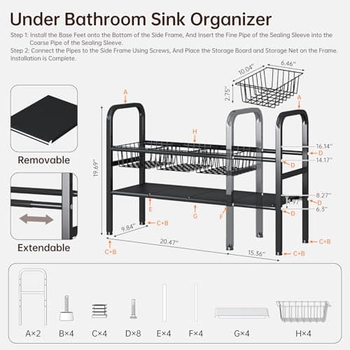 MeiChaoMeiJia Under Sink Organizers and Storage, 2 Tier Expandable Length Adjustable Height Under Sink Organizer, Easy Assembly Heavy Duty Carbon Steel Space Saving Under Cabinet Shelf Storage Rack - Thumbnail 6