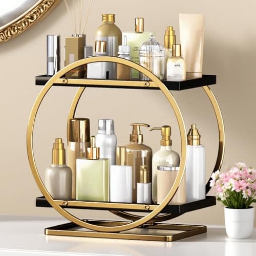 YIWANFW Makeup Organizer for Vanity, Black Gold Perfume Organizer for Dresser, 2-Tier Bathroom Countertop Organizers, Bathroom Counter Shelf Skincare Holder Perfume Tray Cosmetic Display - Image 1