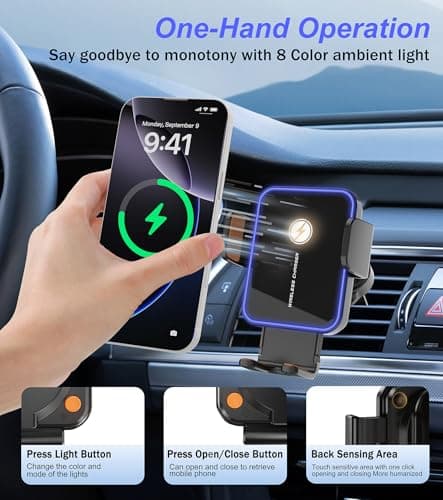 Car Mount Charger, 15W Fast Charging Auto Clamping Wireless Car Charger with 7-Color LED Lights, Air Vent Phone Holders for Your Car Accessory for iPhone Air 17 Pro Max 16 15 14 13 12, Galaxy S25 - Thumbnail 6