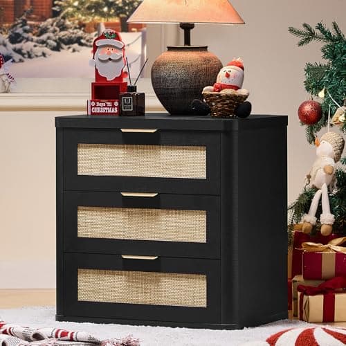 LEYAOYAO Rattan Night Stand with Drawers, 23" Large 3 Drawer Boho Nightstand, Black Bedside Table Storage Cabinet, Bed Side End Tables Dresser for Bedroom, Living Room, Hallway, Closet - Thumbnail 6