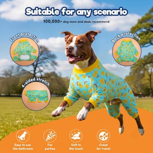 LovinPet Large Dog Pajamas Pitbull - Pet Anxiety Relief, Sun Protection Dog Pajamas, Comfy Stretchy Fabric, Mint Flower Print, Pitbull Clothes, Pitbull Onesie, Large Breed Apparel,Yellow L - Thumbnail 2