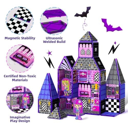 GobiDex Magnetic Tiles Doll House Building Toys, Monster Magnetic Blocks for Kids Ages 3-8,STEM Magnet Toys Birthday for 3+ Year Girls,Haunted Castle Playset - Thumbnail 5