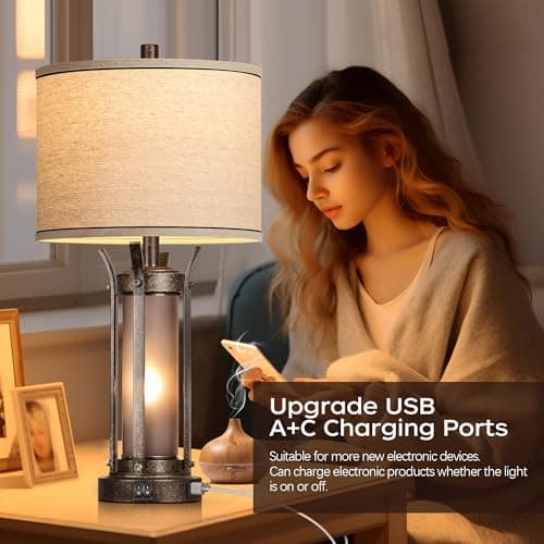 QiMH Farmhouse Table Lamps for Living Room, Rustic Beside Lamps for Bedroom with USB A+C Charging Ports, Nightstand Lamp with Frosted Glass Night Light for Home Decor, 4 Bulbs Included (Bronze) - Thumbnail 3
