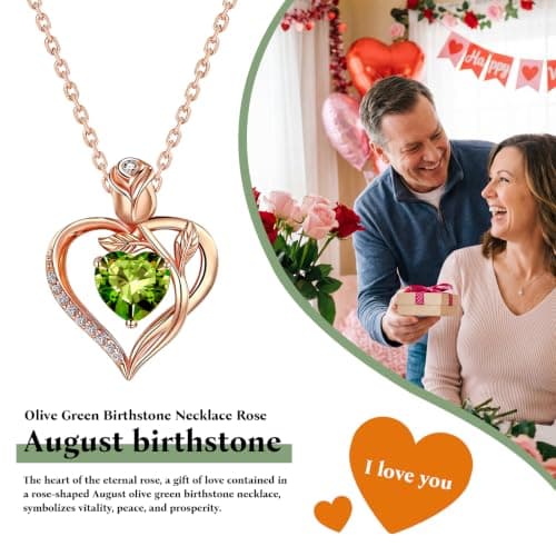 JACUPO Birthstone Rose Gold Necklace for Women(Rose Gold-08-Olive Green) - Thumbnail 5