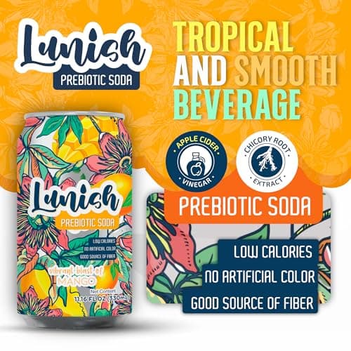 Lunish Prebiotic Soda, Mango Sabor Mango, Gut-Friendly & Refreshing, with Apple Cider Vinegar & 4g Prebiotic Fiber, 20 Cal, 12-Pack - Thumbnail 4