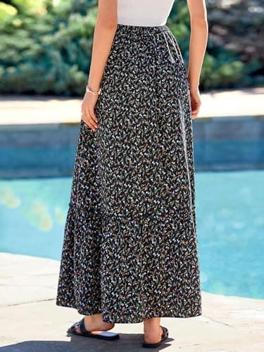 BTFBM Womens Boho Maxi Skirt 2026 Summer Floral High Waisted Flowy Tiered Long Spring Beach Vacation Skirts Pockets(Floral Black Red, X-Large) - Thumbnail 3
