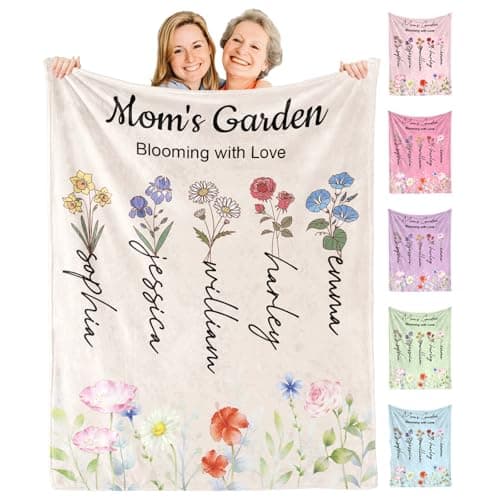 KUKULIKI Ships Next Day, Personalized Christmas Mom Blanket Gift, Custom Blanket with Kids Name and Birth Month Flowers, Birthday Gifts for Mom from Daughter Son, Personalized Gifts for Grandma,Wife