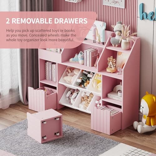 Wooden Wide Bookshelf,Tiered Bookshelves,with 2 Mobile Drawers on Wheels and 6 Removable Storage Baskets,Anti-tip Design,Suitable for Living Rooms,Bedrooms and Game Rooms (Tiered bookshelf-Pink-02) - Thumbnail 3