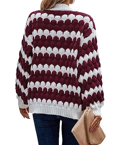 KIRUNDO Women's 2026 Fall Open Front Knitted Cardigan Cable Knit Striped Color Block Lantern Sleeve Casual Short Cardigan Sweater Winter Clothes(Wine Red, Small) - Thumbnail 2