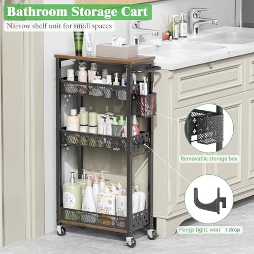 MJIMKE Utility Slim Rolling Storage Cart with Wheels, 4 Tier Narrow Metal Kitchen Cart Bathroom Laundry Room Organization Trolley with Wood Rack and Removable Mesh Basket for Small Space, 7.1IN Black - Thumbnail 5