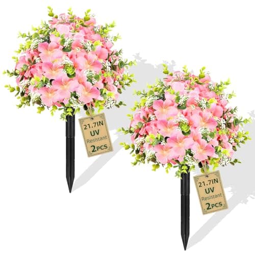 2 Pack Artificial Flowers Topiary Ball Tree, 21.7" Fake Plants with Ground Spike, UV-Resistant Faux Boxwood Shrub, Realistic Evergreen Bushes for Indoor/Outdoor Front Porch & Garden Decor (Pink) - Image 1