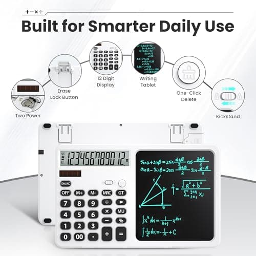 Desk Calculator with Writing Pad, Widescreen Extra-Large LCD Display, 12-Digit Calculator, Solar & Battery Dual Power Supply, Desktop Calculator with Ergonomic Viewing Angle for Office, School (White) - Thumbnail 2