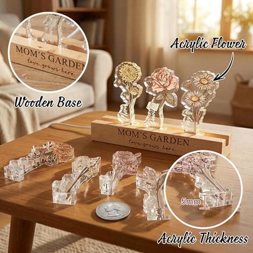 CraffBase Personalized Mom's Garden Night Light Custom Birth Month Flower Acrylic LED Lamp with Engraved Names Mother's Day Birthday Gift for Mom Grandma Sentimental Family Keepsake with Wooden Base - Thumbnail 2