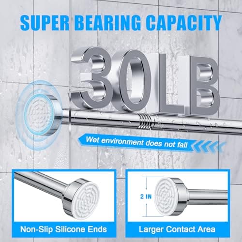 TEECK Shower Curtain Rod, 32-80 inch Adjustable Spring Tension Curtain Rod, Never Rust Anti-Slip Shower Curtain Rod for Bathroom, No Drilling, Never Collapse, Easy to Use, Silver - Thumbnail 3