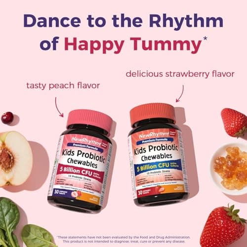 NewRhythm Kids Probiotic Chewables, 5 Billion CFU 10 Strains, with Prebiotic Fiber Inulin & Organic Acacia for Age 3+, Natural Peach Flavored, for Digestive & Immune Support, 30 Chewable Tablets - Thumbnail 6