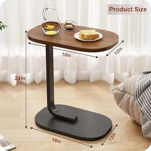 C Shaped Side Table, Modern C Shaped End Table for Small Spaces, Small Couch Side Tables That Slide Under, Wood Coffee Table for Sofa and Bed, 18”L X 12”W Tabletop (Walnut+Black) - Thumbnail 2