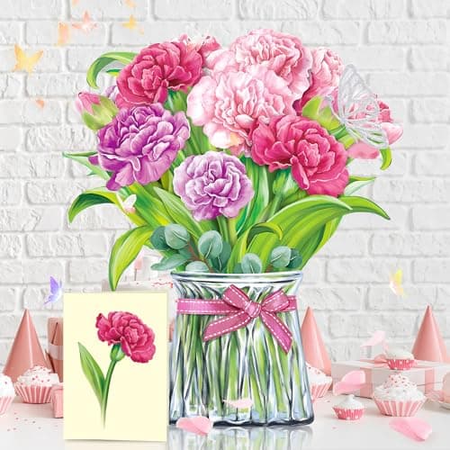 Airpark Pop Up Flower Cards, 3D Paper Flowers Bouquet Birthday Card 10’‘ with Blank Note and Envelope, Mother's Day, Get Well Greeting, Anniversary, Thank You Gifts Cards for Women Mom Girls Friends, Pink Carnations - Thumbnail 3