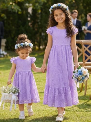 ALLOVIN Toddler & Girls Spring Graduation Lace Flower Girl Dress for Wedding Baptism First Communion Maxi Boho A-Line | Flutter Sleeve Purple | 3-4Y - Thumbnail 5