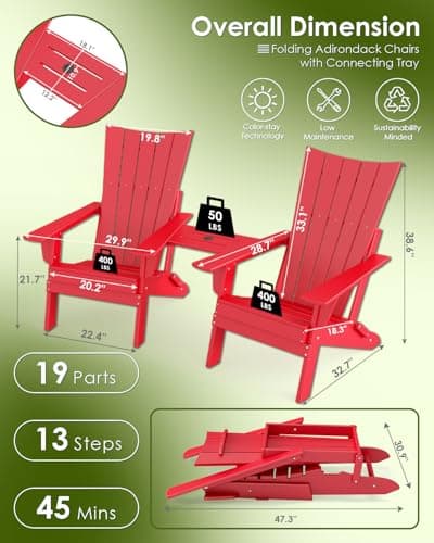 GREENVINES Folding-Adirondack-Chairs-Set-of-2 | HDPE Plastic | Arch Series | Fire Pit Chair | with Connecting Tray | Removable Table | All Weather | for Outdoor Patio Deck Poolside | Red - Thumbnail 3