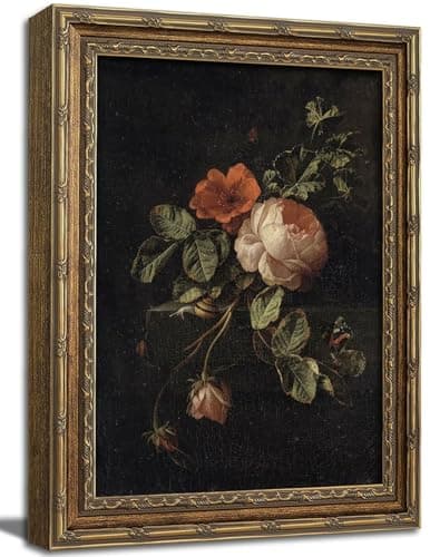 Gold Framed Wall Art, Vintage Moody Floral Canvas Prints - Dark Still Life Antique Flower Pictures, Rustic Dark Academia Botanical Decor Gallery Artwork for Living Room, Bedroom 9x11 inch