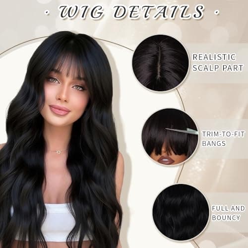 Potoki Long Wavy Black Wig With Bangs Synthetic Fiber Curly Wigs For Women 26 Inch Thick Soft Skin-Friendly Natural Looking Daily Use Heat Resistant Glueless Wig (Black) - Thumbnail 4
