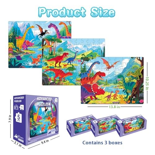 NurtureNook Dinosaur Puzzles for Kids Ages 4-6 3-5, Progressive Jigsaw Puzzle Set (72, 88, 96 Pieces), 3-in-1 Educational Learning Montessori Toys for Boys & Girls, Birthday Gift with 3 Storage Boxes - Thumbnail 3
