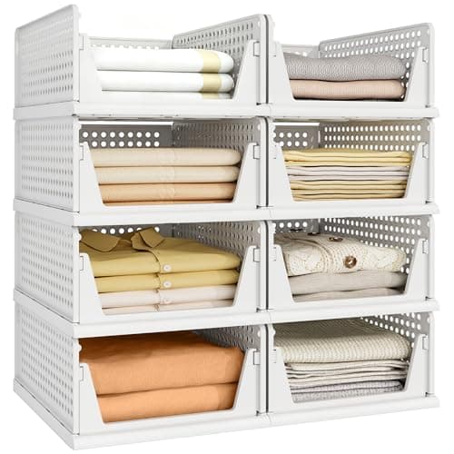 Pinkpum 8 Pack Closet Organizers and Storage Plastic Stackable Storage Bins, Foldable Drawer Shelf Storage Container for Wardrobe Kitchen Bathroom Dorm White - Image 1