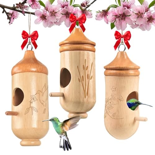 Hummingbird House, Solid Wood Hummingbird Houses for Outside-Exquisitely Handcrafted Birdhouse with Ribbon and String Hanging Kit, Durable Garden Decor, Perfect Gardening Gift (Style-ABC, 3 Pack)