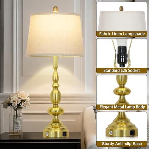 29" Tall Table Lamps for Living Room Set of 2 with USB C+A Charging Ports, Gold Farmhouse 3-Way Dimmable Bedside Lamps, Modern Industrial Nightstand Lamps for Bedroom End Table(2 LED Bulbs Included) - Thumbnail 5