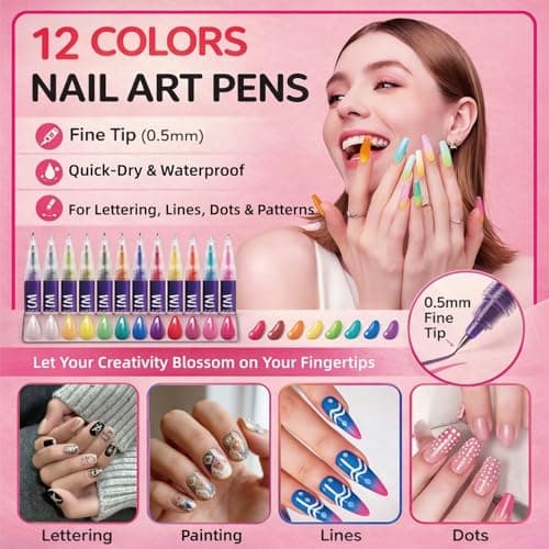 LuneHe life 12 Colors Nail Art Pens Set, Quick Dry Nail Art Markers & Nail Polish Pens for Drawing, Painting and Dotting, DIY Manicure Tools for Nail Design, Home Salon Use - Thumbnail 2