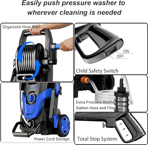 2026Upgraded Pressure Washer 4800PSI w/4 Quick Connect Nozzles, Inlet Hose & Filter&500ML Soap Tank, High Cleaning Machine for Cars/Fences/Driveways/Patios/Home Cleaning,Blue - Thumbnail 5