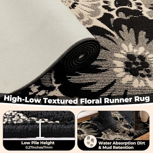 Findosom Hallway Runner Rug 2x8, Non Slip High-Low Textured Floral Washable Runner Rug with Rubber Backing, Boho Carpet Runner for Kitchen, Entryway, Bedroom, Laundry, Black & Beige - Thumbnail 4