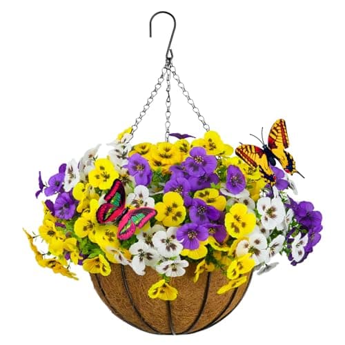SupBri Artificial Pansies Hanging Flowers with Basket & 2 Fake Butterflies, Silk Flowers for Outdoor Spring Summer Decor, UV Resistant Hanging Plants for Garden Porch Patio (1 Set