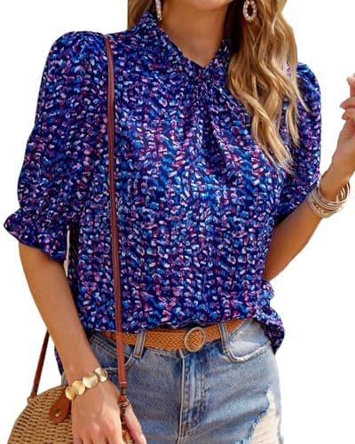 BTFBM Womens Tops 2026 Dressy Casual Blouses Summer Spring Clothes Mock Neck Short Sleeve Shirts Business Work Fall Outfits(Floral Purple Blue, Large) - Image 1
