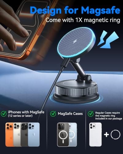 15W MagSafe Car Mount Charger, Magnetic Wireless Car Charger with Vacuum Suction Cup & Nano Adhesive Base, 360° Rotatable Strong Hold Car Phone Mount for iPhone 17 16 15 14 13 12 Series, Samsung S26 - Thumbnail 5