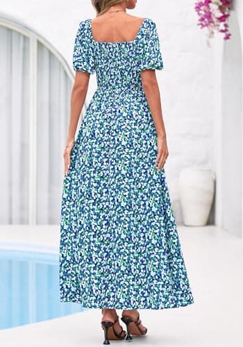 BTFBM Spring Summer Dresses for Women 2026 Puff Short Sleeve Smocked Floral Print Boho Beach Wedding Guest Maxi Dress(Floral Blue Green, Small) - Thumbnail 3