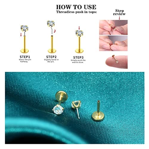 COTATI 20G Flat Back Earrings Stud Threadless Tragus Cartilage Lip Medusa Piercing Jewelry Hypoallergenic (Gold,20G 4/4/4mm CZ) - Thumbnail 5