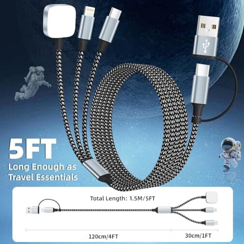MPATIBY Travel Essentials, 3 in 2 UB A/USB C Cable for Watch Charger, Multi Phone Charging Cable/Cord for All Devices for iWatch Ultra/SE/10-1, Phone16 15 14, Android, iPads, More (2Packs 5FT) - Thumbnail 6