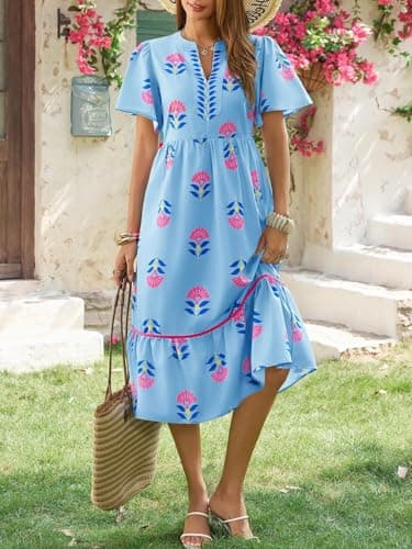 Wenrine Womens Summer Floral Midi Dress Casual Short Sleeve V Neck Flowy Ruffle Boho Beach Sundress with Pockets Light Blue - Thumbnail 3