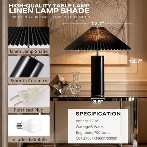 EOEYYOYB Ceramic Table Lamps for Bedroom Set of 2, Adjustable Shade Lamps for Night Stands, Modern Cylindrical Nightstand Table Lamps 5W E26 for Bedroom Bedside Buffet, Black - Thumbnail 3