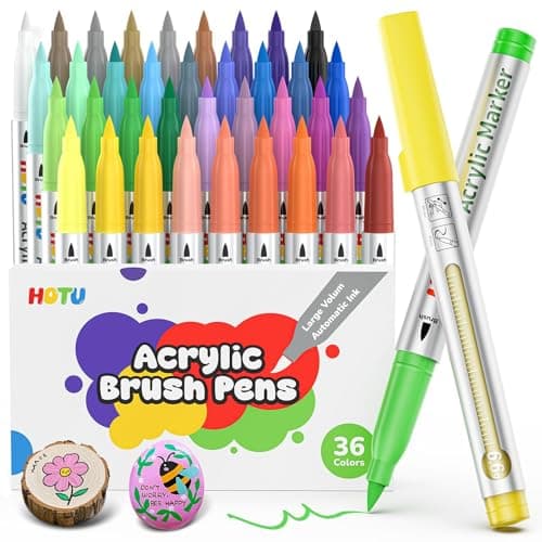 HOTU High Opacity Acrylic Paint Markers Brush Tip 36 Colors, Automatic Ink Control Acrylic Markers for Adults Coloring Book No bleeding, Paint Pens for Rock Painting Fabric Wood Eggs DIY Crafts